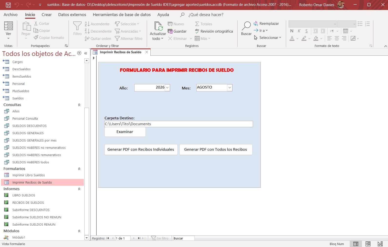 Captura de base de datos y formulario Access